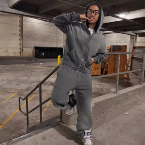 Custom Acid Wash Cotton Sweatpants and Hoodie Set Rhinestone