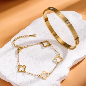 Lucky Clover And Heart Bracelet Set Stainless Steel Shiny Charm
