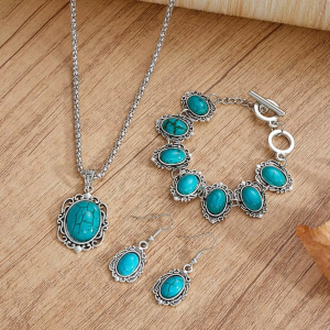 Vintage Boho Turquoise Jewelry Set Alloy Electroplating Necklace Bracelet