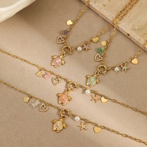 Trendy Gold Stainless Steel Enamel Turtle Necklace and Zircon Charm