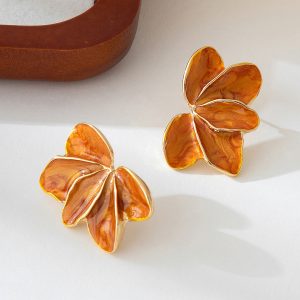 Metal Flower Red Enamel Petal Drop Earrings for Women Trendy