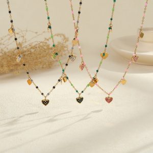 Cute Colorful Heart Pendant Necklace Stainless Steel 18K Gold