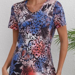 Leopard butterfly print V-neck short sleeved shirt