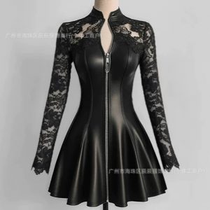 Fashionable and elegant imitation leather PU patchwork lace stand up collar long sleeved dress