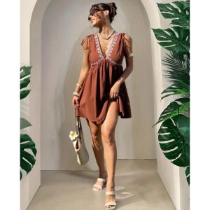 Loq Moq Custom Hawaii Woman Embroidery Aloha V Neck Mini Short Dress