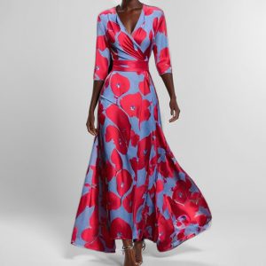 Elegant V-neck printed tie-waist dress