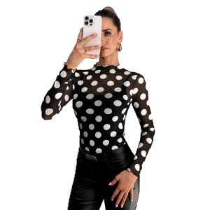 Sexy hollowed out see through long sleeved semi high neck T-shirt