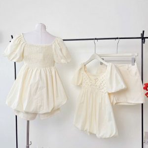 Solid White Short Sleeve Babydoll Dress with Inner Shorts