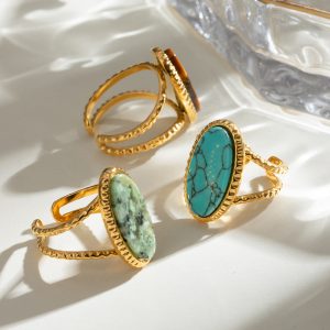 Vintage Bohemian Natural Stone Stainless Steel Ring Women Oval Turquoise