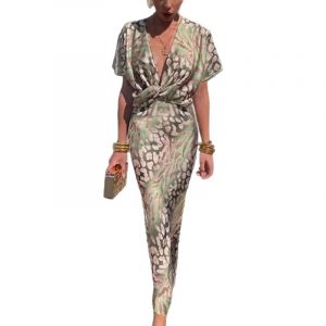 Fashionable knot printed sexy V-neck high waisted dress