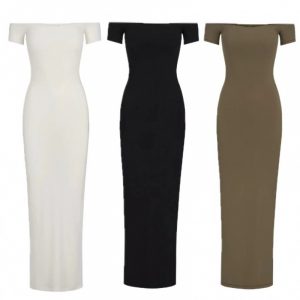 Modal maxi dress, off-the-shoulder, stretchy, short-sleeved