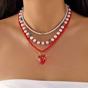 Cute Multi-layer Cherry Pendant Rice Beads Choker Necklace for Women