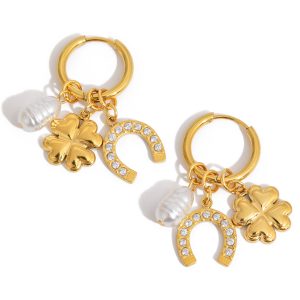 18K Gold Plate Stainless Steel Earrings Classic Acrylic Pearls Rhinestones