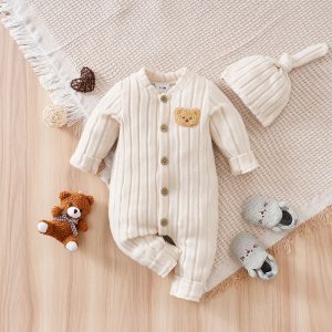 Winter Baby Toddler Onesie+Hats Button Bear Warmth Lovely 0-18 Months Newborn Knitted Romper Round Neck Soft Minimalist Casual