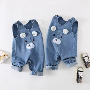Baby Soft Denim Overalls Boys & Girls Cute 3D Bear Romper Sleeveless Vest Jumpsuit for Toddlers Spring & Autumn Crawling Outfit
