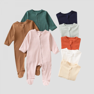 Autumn Zipper Baby Onesie Ribbed Knit Footed Romper Long Sleeve Solid Color Jumpsuit for 0-12M Newborn Infant Outfits