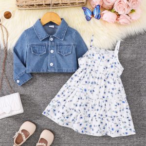 Girls Floral Halter Dress + Denim Jacket Two-Piece Set Spring Autumn Cute Baby Outfit Combination
