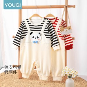 Chinese Baby Clothes Autumn Style Long-Sleeve Romper Fake Two-Piece Suspender Jumpsuit Outdoor Wear Crawling Suit