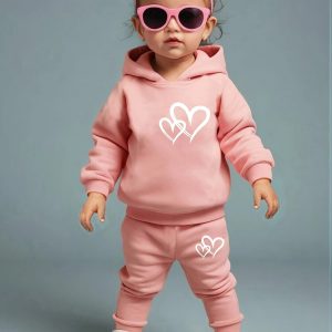 Girls' Toddler/Kid Autumn & Winter 2-Piece Set: Hooded Fleece Sweatshirt with Heart Pattern + Casual Athletic Pants