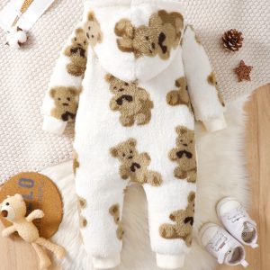 Winter baby girl fashionable casual cute cartoon small bear pattern slanted zipper hooded long sleeved plush jumpsuit