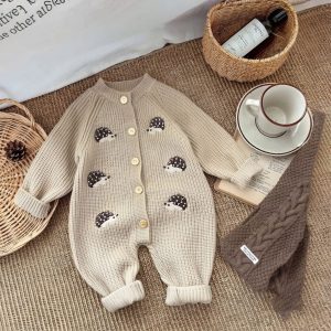 Korean Style Spring and Autumn Clothes Baby Knitted Jumpsuit Super Cute Little Hedgehog 100-Day Knitted Crawling Suit for Going Out
