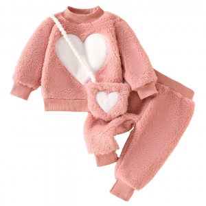 Winter Baby Girl Casual Cute Fuzzy Embroidered Heart Long Sleeve and Pants Set, 3-Piece Baby Outfit