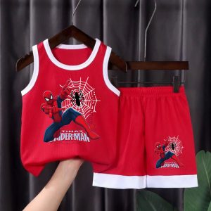2026 Summer Marvel Breathable Comfy Mesh Boys Basketball Cothes Sets Kids Casual Outfits Child Outdoor Vacation Vest Suit