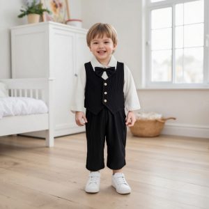 0-18M Newborn Baby Boy Dress Clothes Long Sleeve Romper Shirt Bowtie Waistcoat Suspender Pants Set Suit Fall Outfits