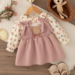 9 Months -4 Years Old Spring And Autumn New Floral Long Sleeved Baby Girl Dress, Sweet Bow Children'S Clothing