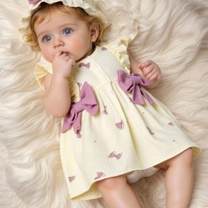2Pcs Baby girl Dress Round neck Bow print Ruffle Edge Dress+Hat Set suitable for Giving to 0-9 Month Baby girl Newborn Dress