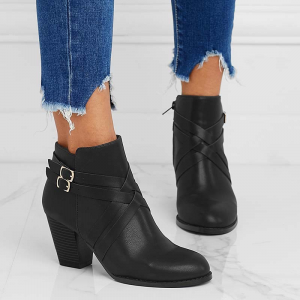 European women's boots with round tops, thick heels, high heels, nude boots, side zipper decorative straps, moccasin style boots, Merlot women's boots