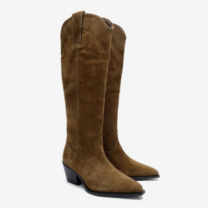 Brown cow suede western denim ankle-high pointed-toe minimalist boot