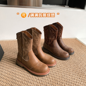 Brown retro European-style embroidered western boot sleeve knight boots short boots rear zipper Martin boots