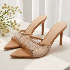 Beaded pointed-toe low-heeled high-heeled shoes, high-heeled slippers