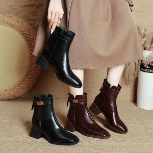 Mid-calf leather boots in brown with French square toe, stylish and slimming fashion boots