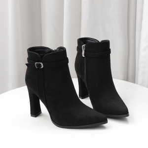 New European and American style pointed-toe low-heeled short boots with soft leather overlay, fashionable high-heeled boots