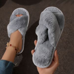 Soft and fluffy cross-lace cotton slippers