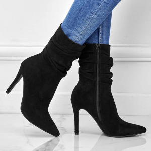 Boot-style short boots in stock, almond-shaped, in light peach color, European style, mid-calf length, suede upper, pointed toe, large size, platform heel