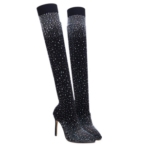 Long stockings boots with high heels, rhinestone trim, pointed toe, knee-length boots