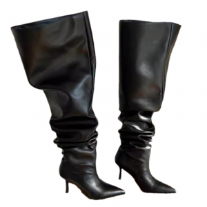 European and American trendy short-pointed thin-heeled European-style knee-length wide-leg long boots with stacked heels