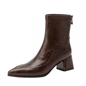 New thick-soled pointed-toe slim boots in brown with fleece lining - winter boots