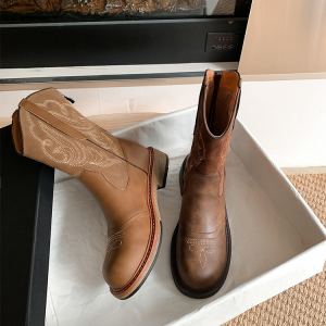 English-style thick-soled brown retro European-style embroidered knight boots - Manton boots