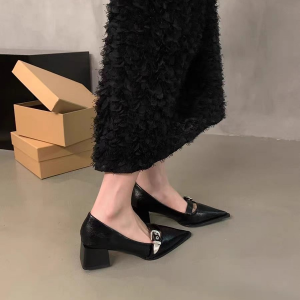 European and American style pointed-toe, versatile, one-strap, shallow-mouthed, chunky single shoe