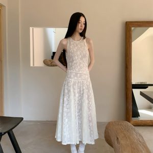 Floral vacation vest dress, stylish and sexy A-line long skirt