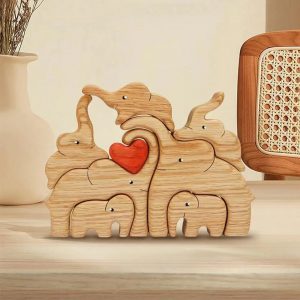 Wooden statue craft of an elephant family for home decoration